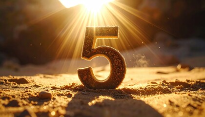 Number five is placed in a desert with warm golden light shining through from above
