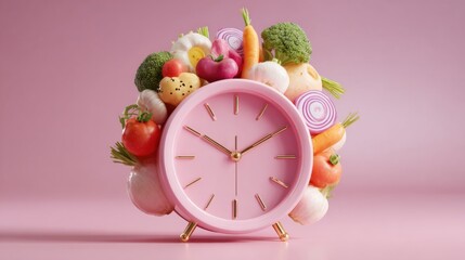 A creative clock constructed from fresh fruits and vegetables promoting healthy eating and meal planning