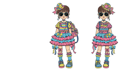 Two fashion illustrations of a young girl in a brightly colored, layered, and frilly outfit with sunglasses, showcasing playful style.