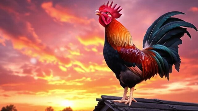 Rooster crowing on the farm roof at dawn