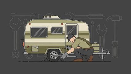 Obraz premium Mobile Home Repairman Fixing A Tire At Campsite Surrounded By Tools