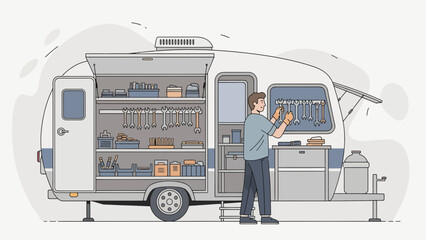 Mobile Workshop Illustration Of A Professional Craftsman In A Well Equipped Van