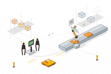 Workers observe robotic arm picking packages at a distribution center in a busy warehouse environment during the daytime