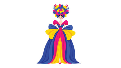 Fashion illustration of a woman in a dramatic, colorful gown adorned with large bows and a vibrant floral headpiece, showcasing elegance.