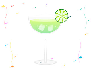 Colorful drink with lime slice and ice cubes on a white background during a celebration