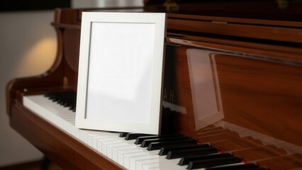 Piano with Blank White Picture Frame.