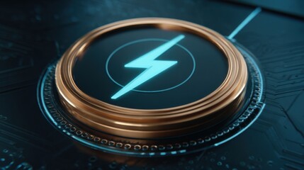 Striking gold button featuring a blue lightning symbol on a neutral background signifying power and energy