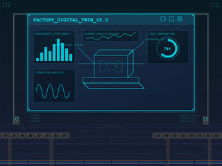 Factory digital twin system showing data analytics for monitoring equipment performance in an industrial setting