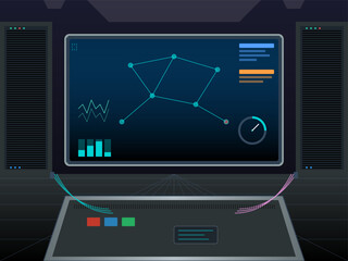 Display shows data trends and metrics on user interface in a tech environment during the evening with dim lighting © Антон Сальников