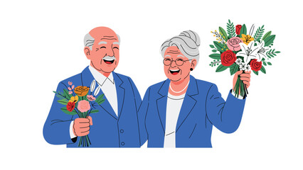 Happy elderly couple smiling and holding colorful bouquets of fresh flowers, symbolizing lasting love, joy, and companionship.