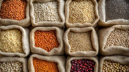 Assortment of Beans and Grains in Burlap Sacks