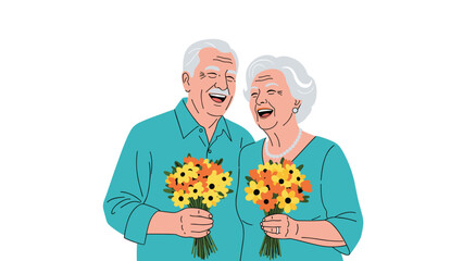 Cheerful elderly couple laughing heartily and holding bouquets of vibrant flowers, symbolizing enduring love and happiness.
