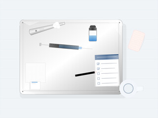 Tools and materials on a table during a health checkup in a clinical setting focusing on patient care and treatment plans