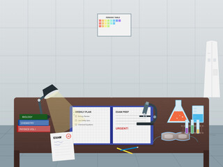 Study setup in a laboratory with study materials and lab equipment laid out on a table