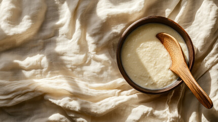 Creamy Bowl of Food With Wooden Ladle on Linen