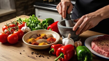 Hands grind spices with a mortar and pestle on a wooden counter surrounded by fresh tomatoes bell peppers garlic herbs and a raw steak
