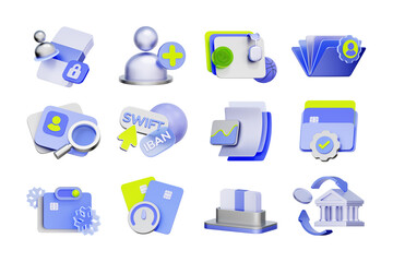 3D icon set of digital banking and fintech including swift payment, iban transfer, credit card security, and financial analyticsch 3D Icon Set