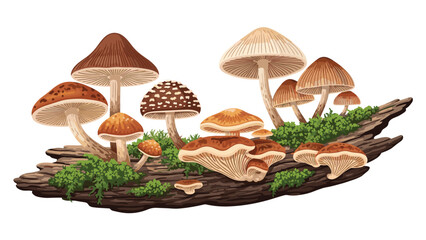 Diverse collection of mushrooms in various shapes and sizes growing on a moss-covered log, symbolizing woodland ecology and fungal growth.