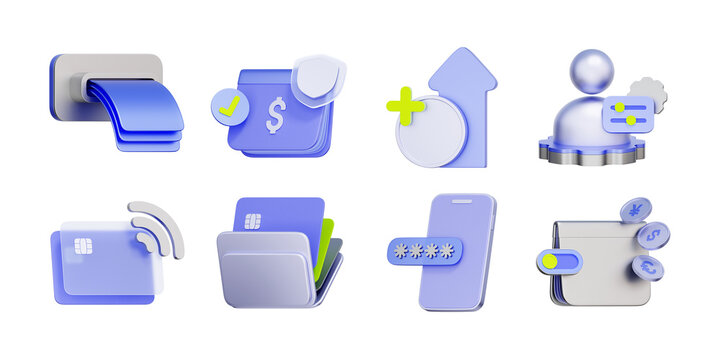 3D icon set of digital wallet and mobile banking including ATM withdrawal, account security, password protection, and multicurrency exchange.