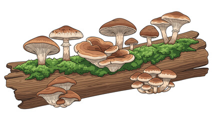 Cluster of various mushrooms growing on a moss-covered log, showcasing the intricate details of woodland fungi and natural growth.