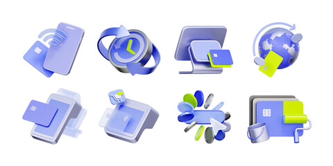 3D icon set of global payment and financial transactions including contactless mobile pay, POS terminal, worldwide money transfer, and credit card customization.