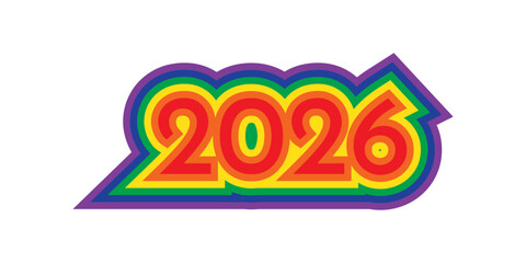 Obraz premium Colorful rainbow layered 2026 typography design in bold retro style. Vibrant New Year numbers perfect for celebration posters, stickers, branding, social media, and festive graphic design