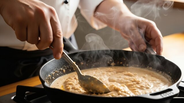 Hands in a white uniform stir a creamy steaming mixture in a black skillet on a stovetop