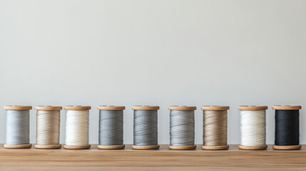 Five Spools of Thread in Neutral Tones Lined Up