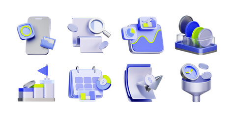 3D icon set of financial budgeting and data analytics including investment tracking, expense reports, calendar planning, and profit forecasting.