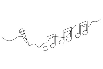 Continuous one line drawing of a microphone and musical notes on white background