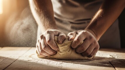 Hands knead dough on a wooden surface with flour dust suspended in warm light depicting the baking process