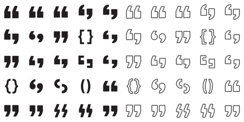 Quotation marks icon set, double quote symbol vector illustration, black quote icons in line and flat style, discussion and dialog remark signs, open and close quote symbols, vector graphic speech set