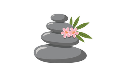 Stacked grey spa stones with delicate pink flowers and green leaves, symbolizing balance, wellness, and serene relaxation.