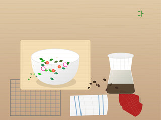 Mixing fresh ingredients in a bowl while preparing meals in a kitchen setting with various utensils and items on the table