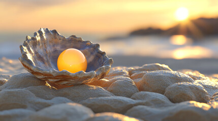 Glowing Pearl Unveiled in Oyster Shell on Sandy Beach