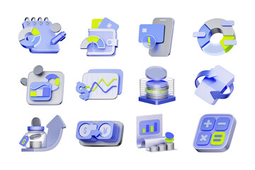 3D icon set of financial budgeting and data analytics including investment tracking, expense reports, calendar planning, and profit forecasting.