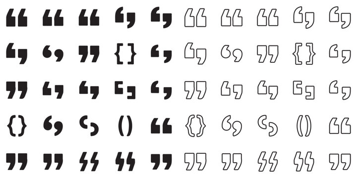 Quotation marks icon set, double quote symbol vector illustration, black quote icons in line and flat style, discussion and dialog remark signs, open and close quote symbols, vector graphic speech set