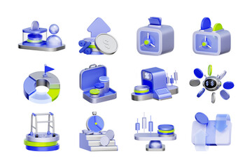 3D icon set of savings and investment planning including bank safe box, pension fund, interest rates, and automated wealth management.