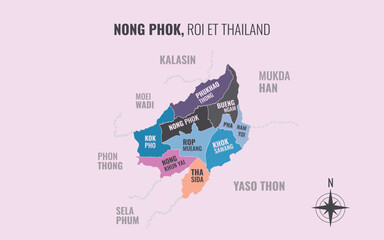 Map showing Nong Phok District Roi Et Thailand divided into sub districts with minimalist colorful patterns