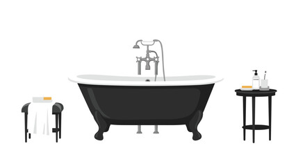 Elegant black vintage clawfoot bathtub flanked by two side tables with towels and toiletries, symbolizing luxury bathroom comfort.