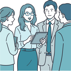 タブレットを使って説明する女性と話を聞くビジネスチームのイラスト