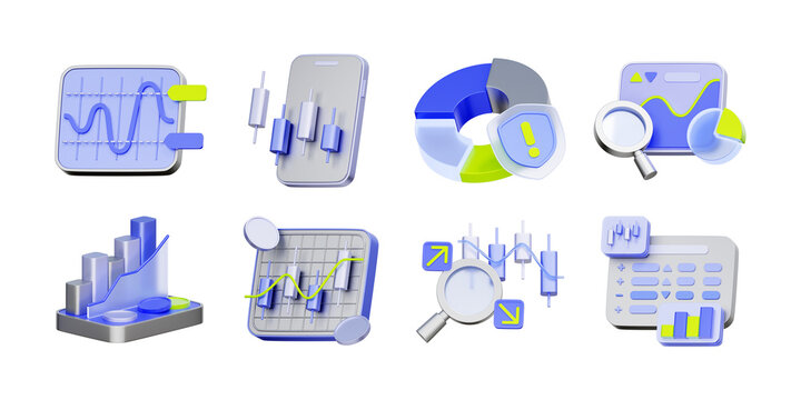 3D icon set of advanced stock market analytics including technical graph analysis, risk management shield, profit growth tracking, and investment portfolio research.
