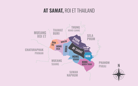 Map showing At Samat District Roi Et Thailand divided into sub districts with minimalist colorful patterns