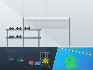 Indoor gym space with equipment, weights, and swimming area for fitness activities and training sessions