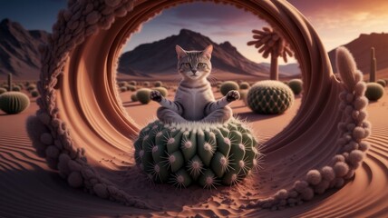 Zen Meditating Cat in Desert Sand Circle at Sunset