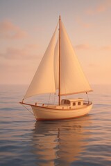 Fototapeta premium Sailboat on wide open water, reflecting soft pastel light. Serene twilight sky creating a peaceful atmosphere