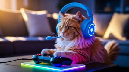 Gamer Cat Wearing Headset Playing Video Games