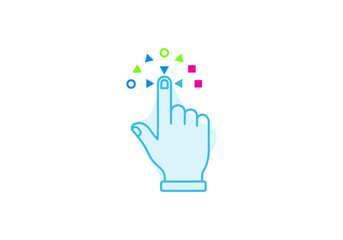 Vector Ilustration Minimalist blue line art hand icon clicking, with a burst of colorful geometric shapes.