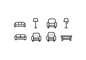 Vector Ilustration Minimalist Furniture Icons - Sofa, Armchair, Lamp, and Coffee Table Set.