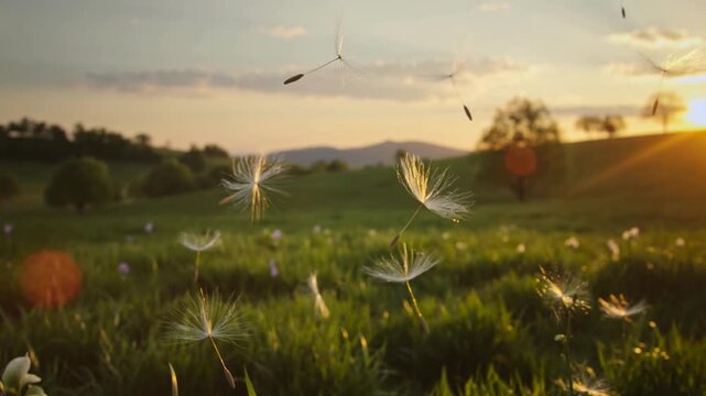 Dandelion seeds floating in the air over a green meadow at sunset. White fluff drifting in the wind with golden sunlight. Nature and spring allergy concept